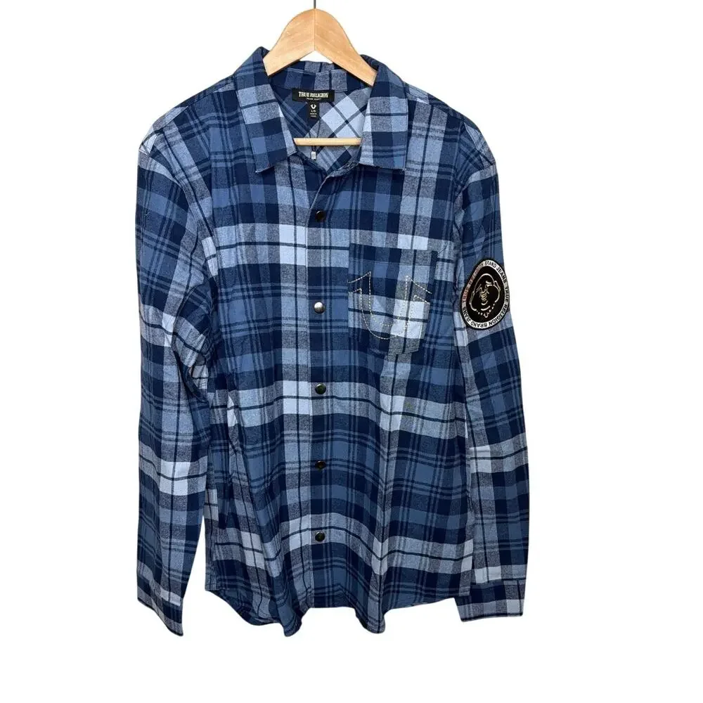 True religion 700744 logo patch brushed flannel shirt navy plaid size large